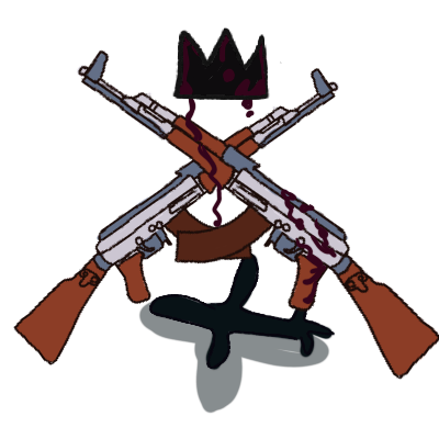blood trickling down from a black crown onto two crossed kalashnikov rifles. below them, a drone flies and casts a shadow.